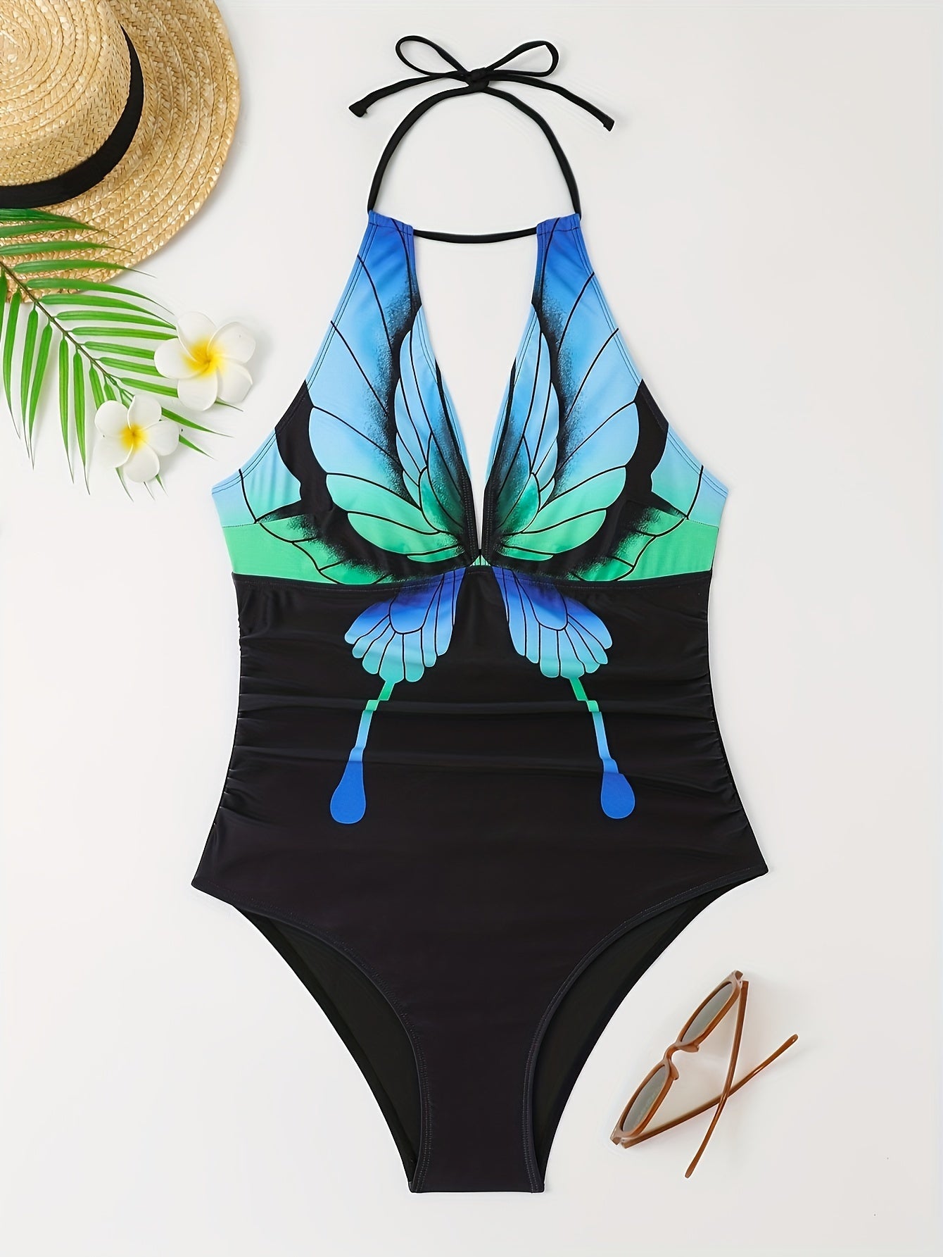 Women's Large-size One-piece Swimming Suit With Positioning Print, Sexy Backless Butterfly Pattern Swimsuit, Beach Style
