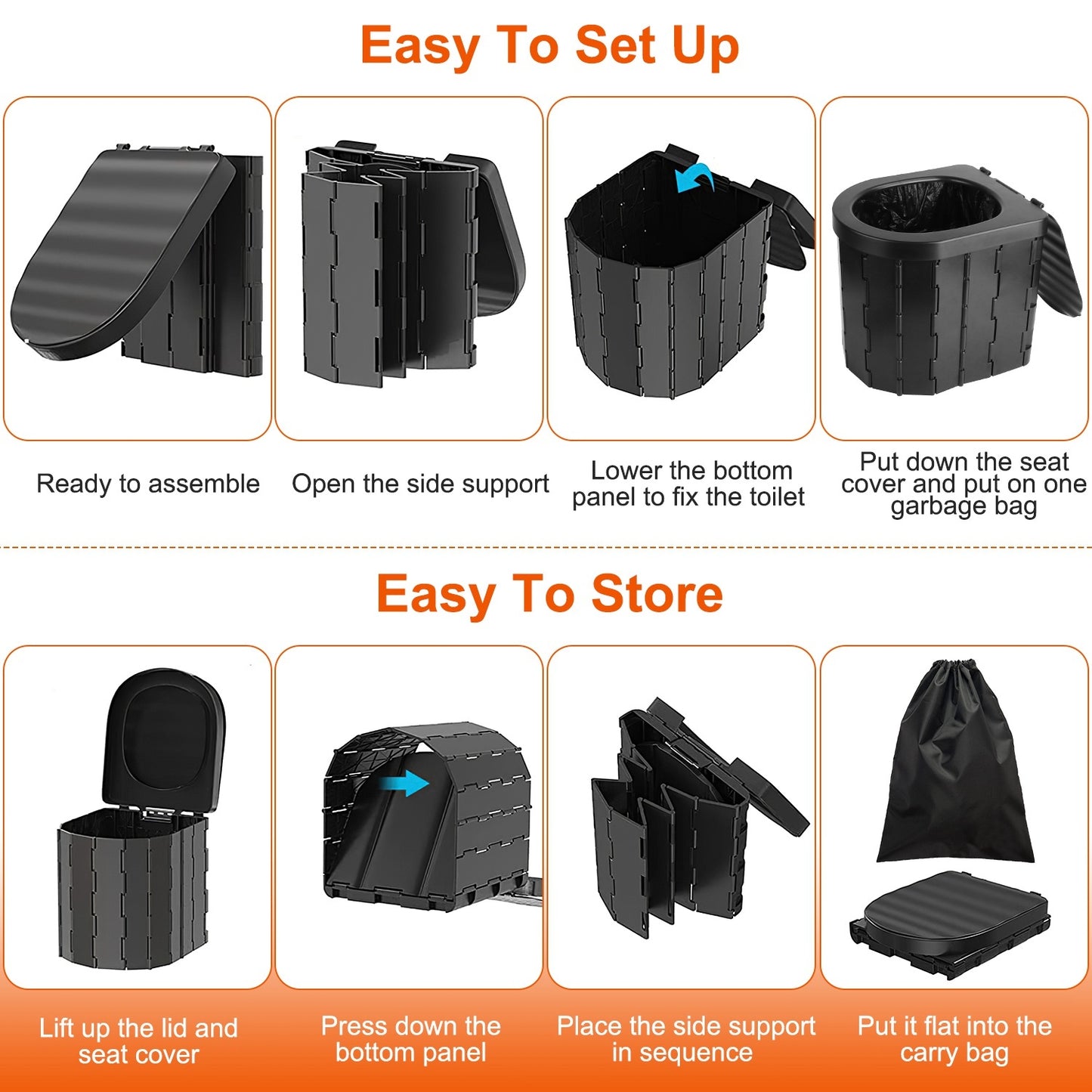 1Pc Foldable Emergency Toilet Portable Porta Potty For Car Travel Camping Boating Hiking Cleanable Travel Commode With Lid Carry Bag 1 Roll Garbage Bags