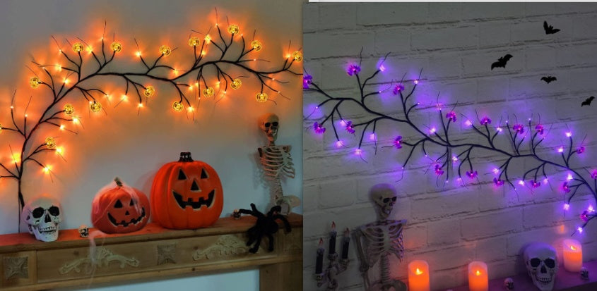 6.5 Ft Halloween LED Willow Vine String Light Cool Cartoon Bat Pumpkin Decoration For Indoor Outdoor Party House Decor