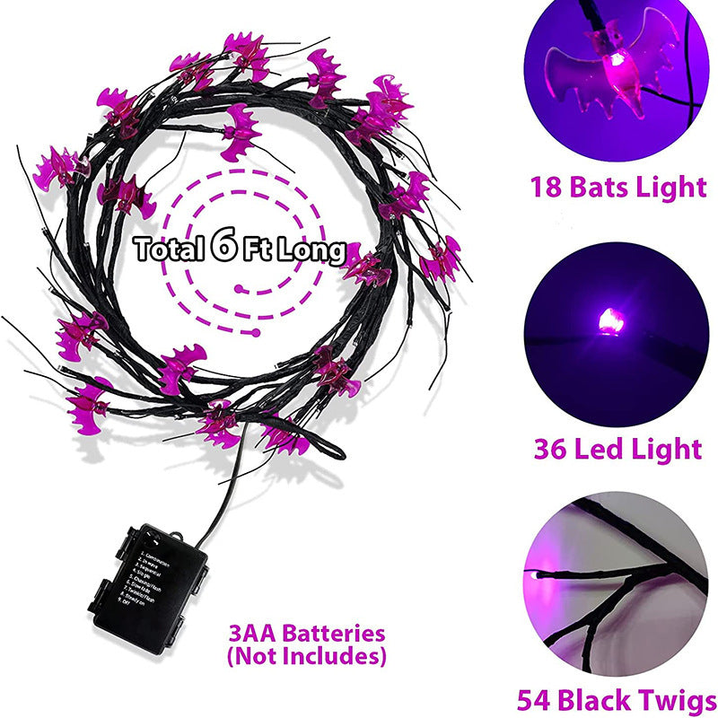 6.5 Ft Halloween LED Willow Vine String Light Cool Cartoon Bat Pumpkin Decoration For Indoor Outdoor Party House Decor